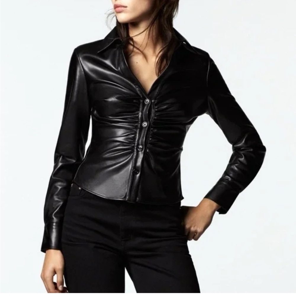 Zara Ruched Vegan Leather Black Top Size Smal